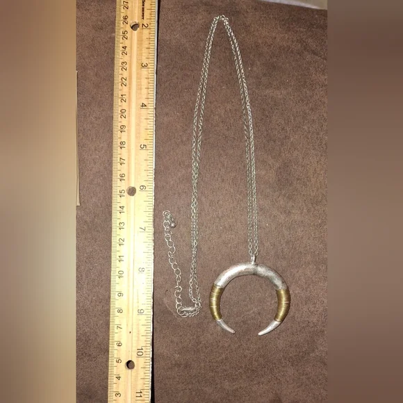 Mixed Metal Double Horn Crescent Silvertone Statement Pendant Necklace - Picture 6 of 7